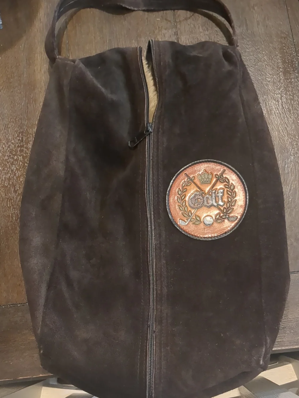 Vintage Brown Suede Men's Golf Shoe Bag with Embossed Crest